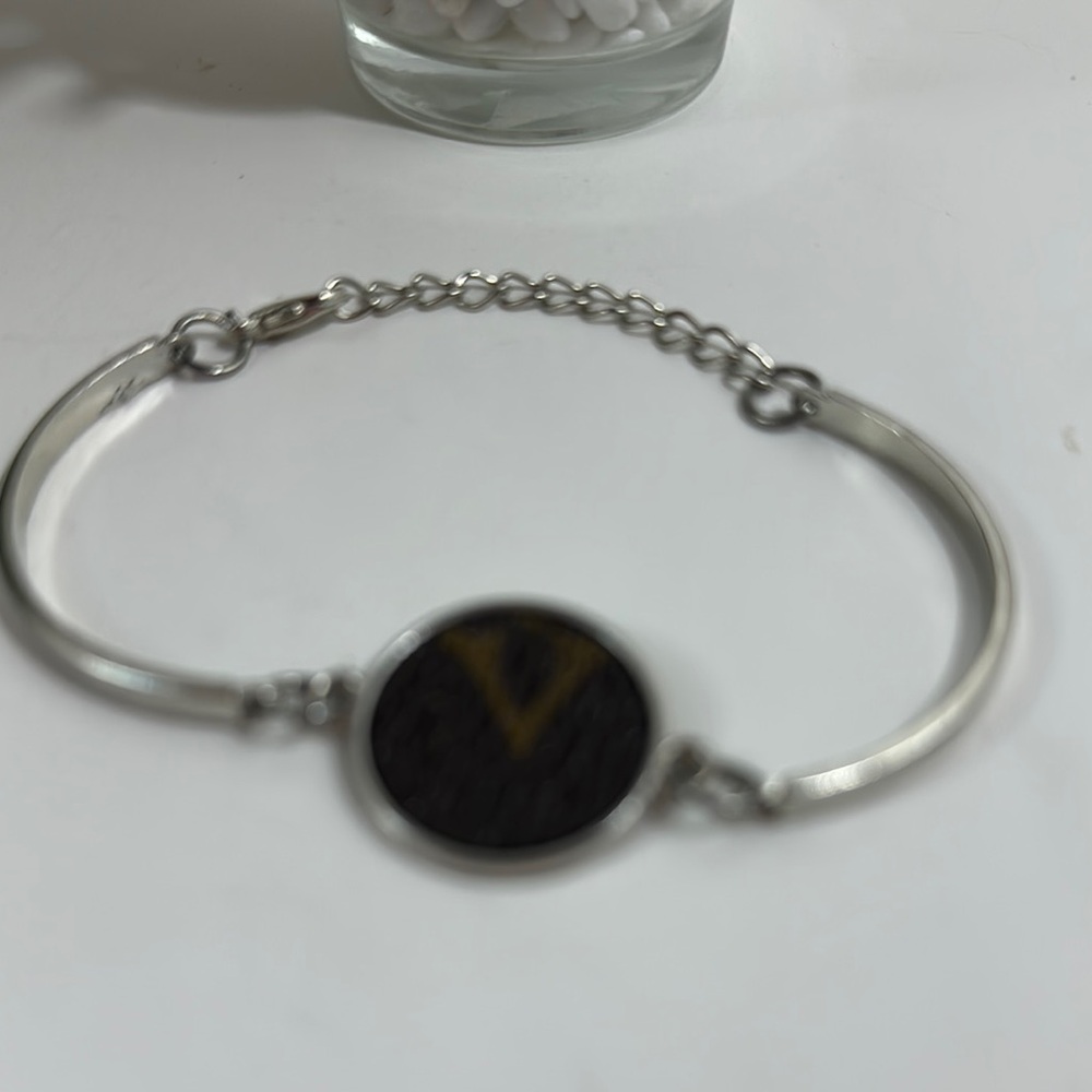 Custom Silver tone clasp Bangle Bracelet with  LV Monogram Canvas